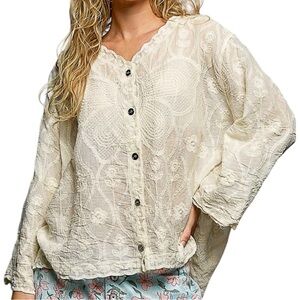 281. POL Natural Cotton Embroidery Lace Button-Up Blouse NWT